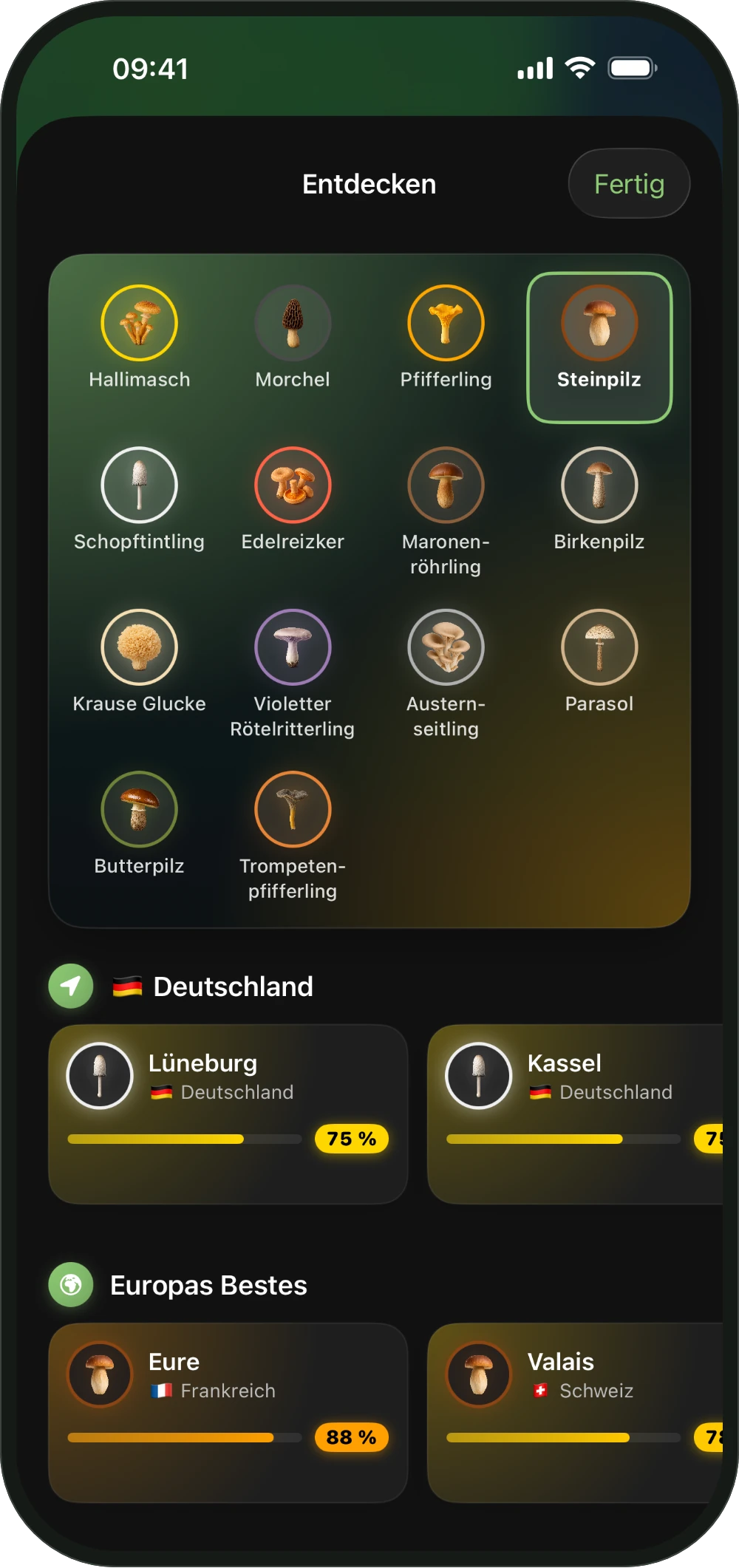 Pilzauswahl für die ShroomCast-Karte