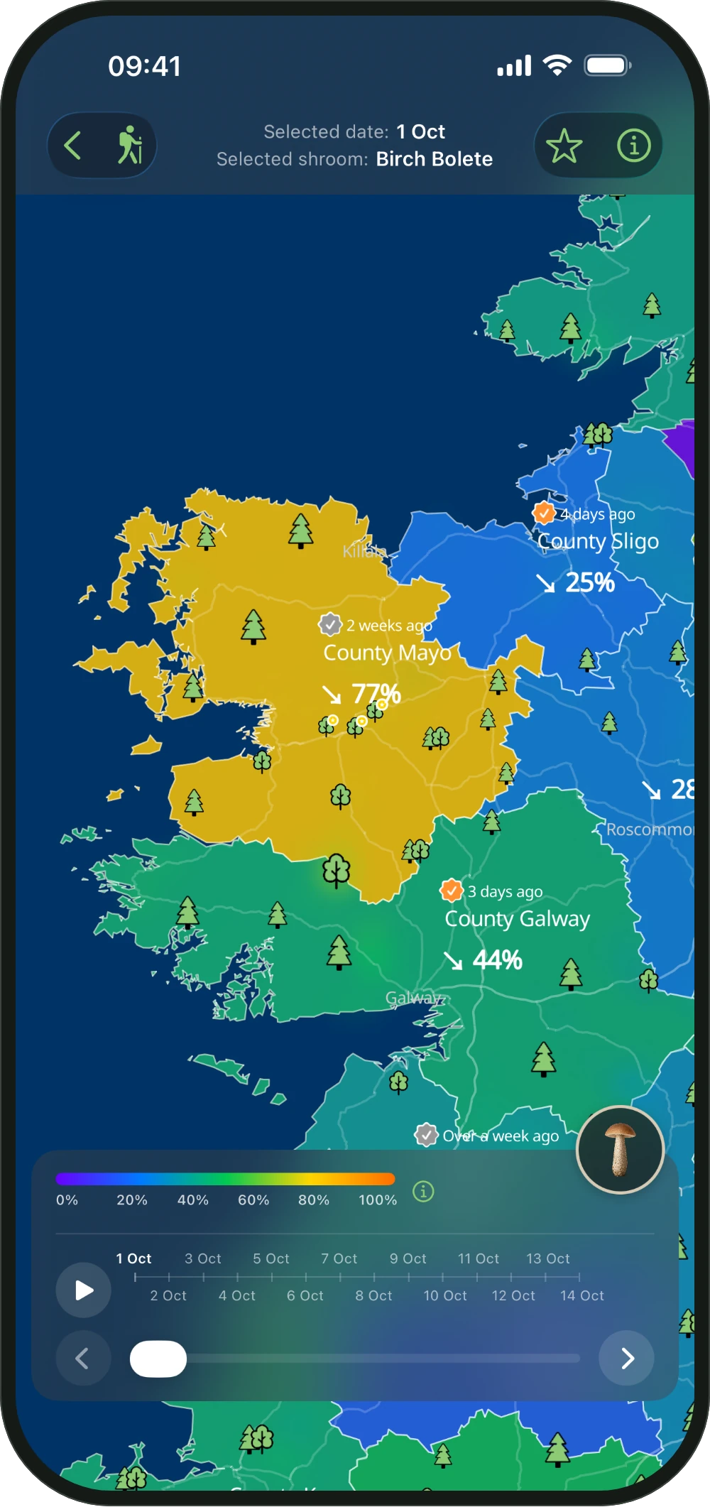 Mapa de ShroomCast con las regiones coloreadas según la probabilidad de hoy y sus flechas de tendencia