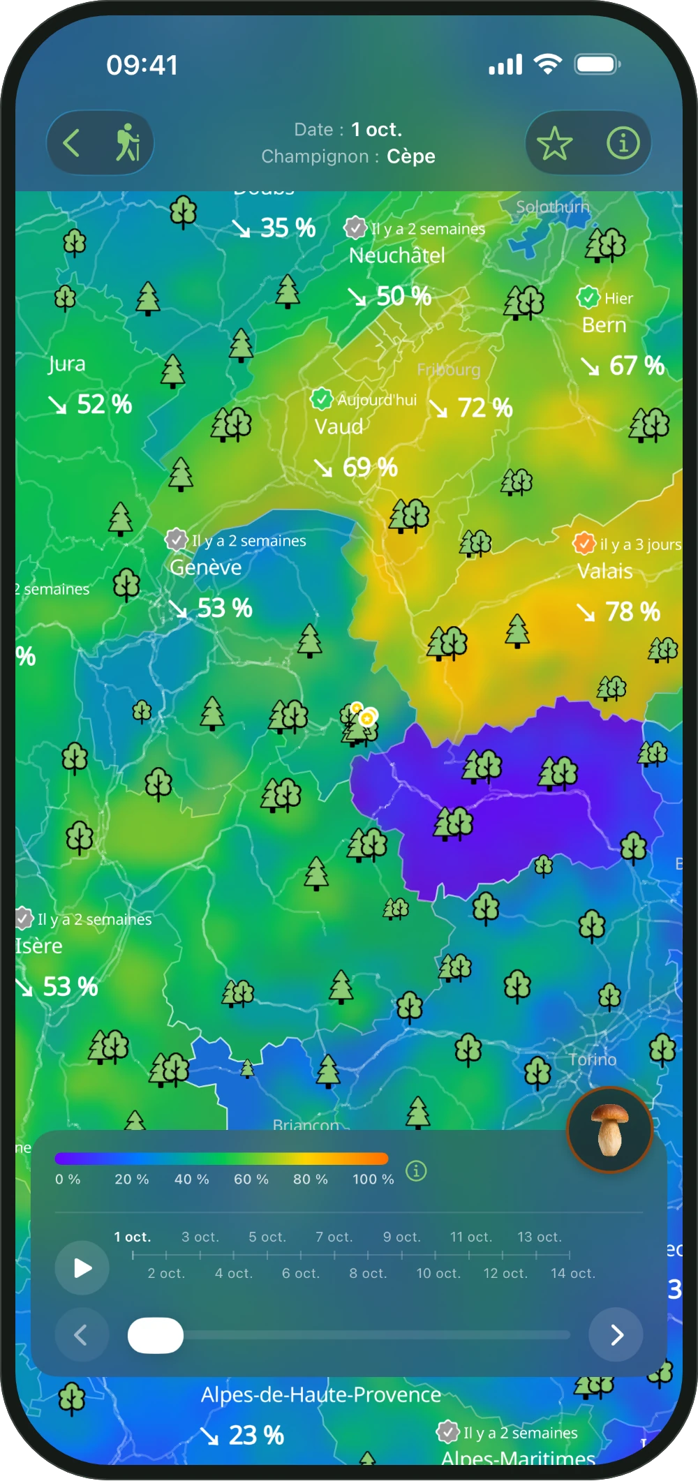Carte ShroomCast avec les régions colorées selon la chance du jour et leurs flèches de tendance