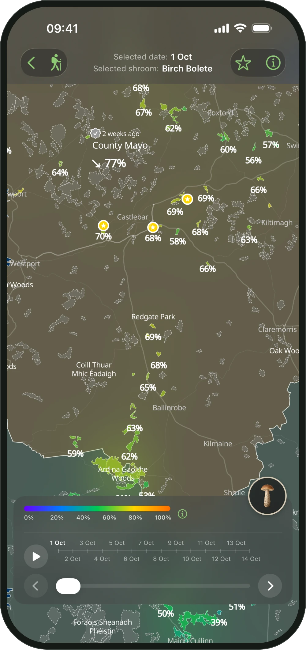 Mapa de ShroomCast de cerca, con bosques, sus probabilidades y una flecha de tendencia