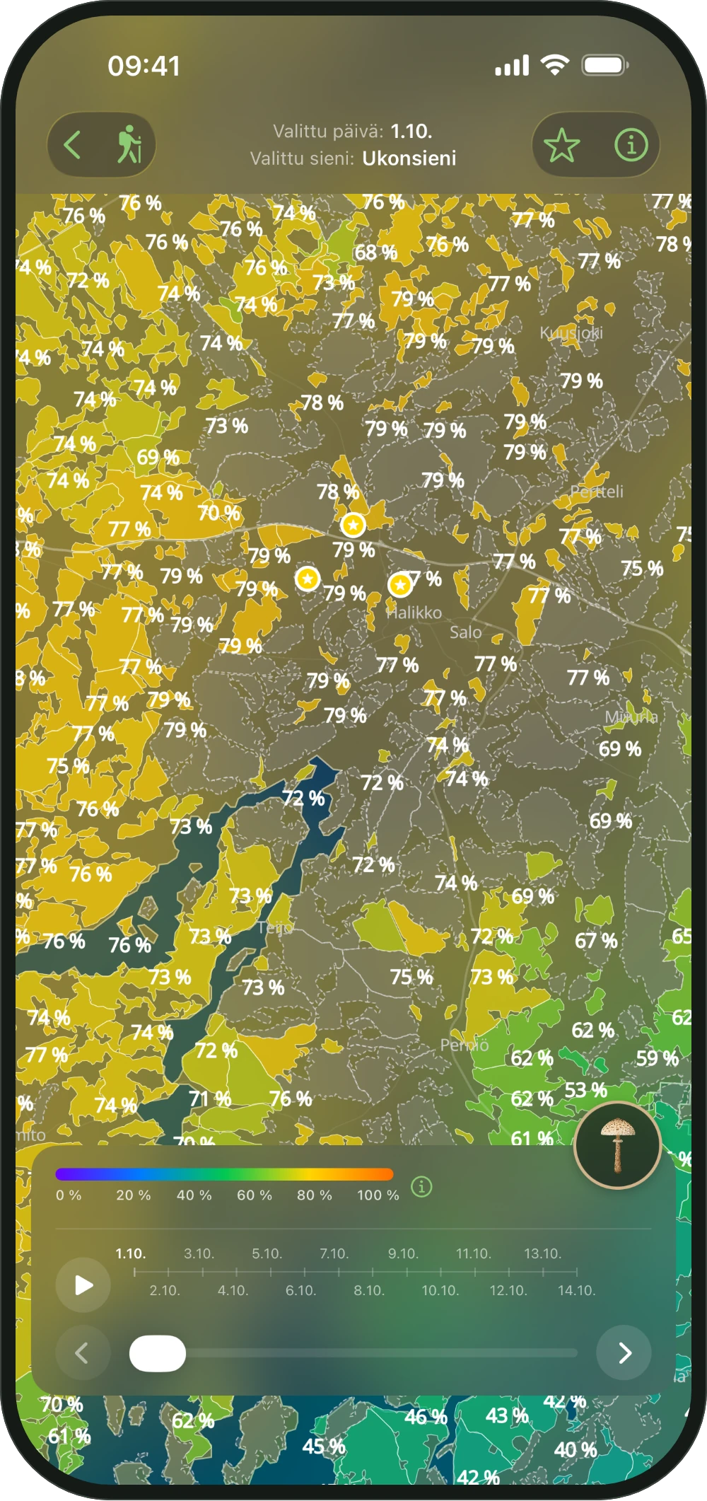 ShroomCastin kartta läheltä, metsät todennäköisyyksineen ja trendinuoli