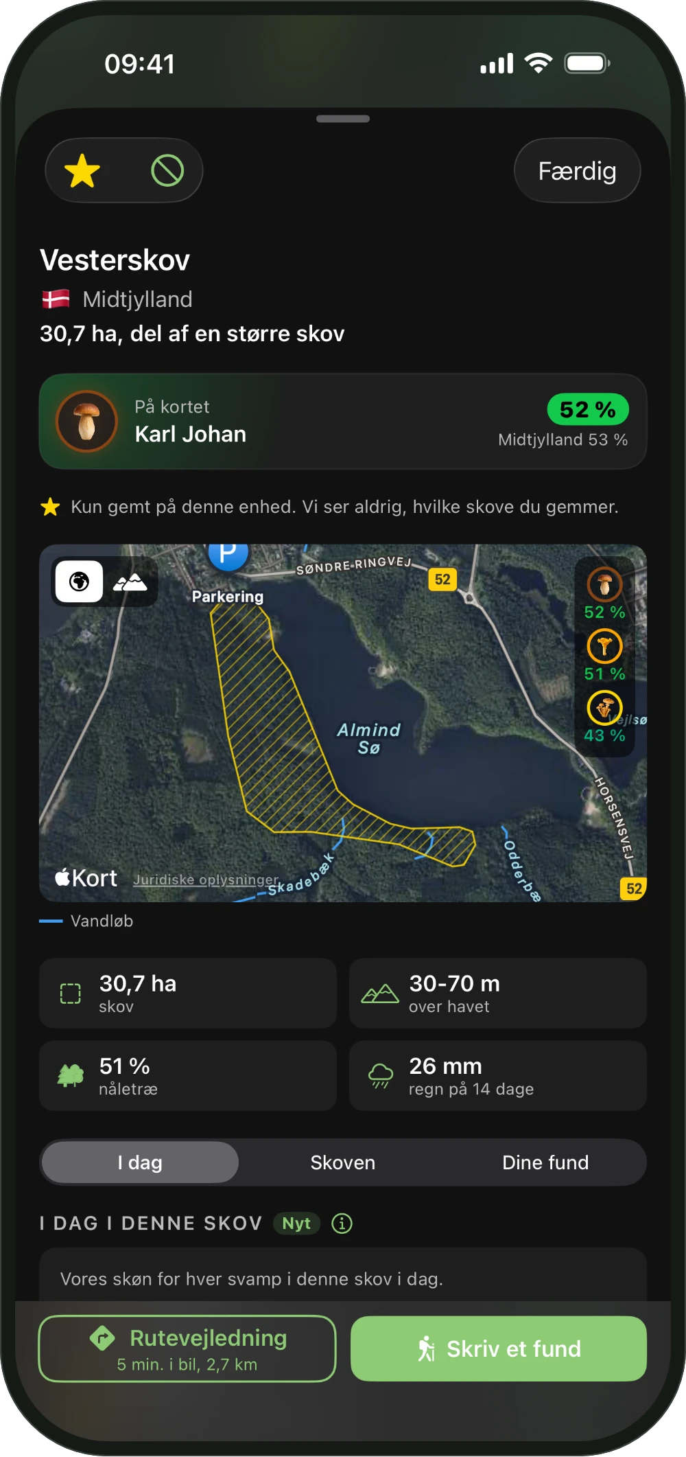 En skovs side i ShroomCast med dagens chance og turen derud