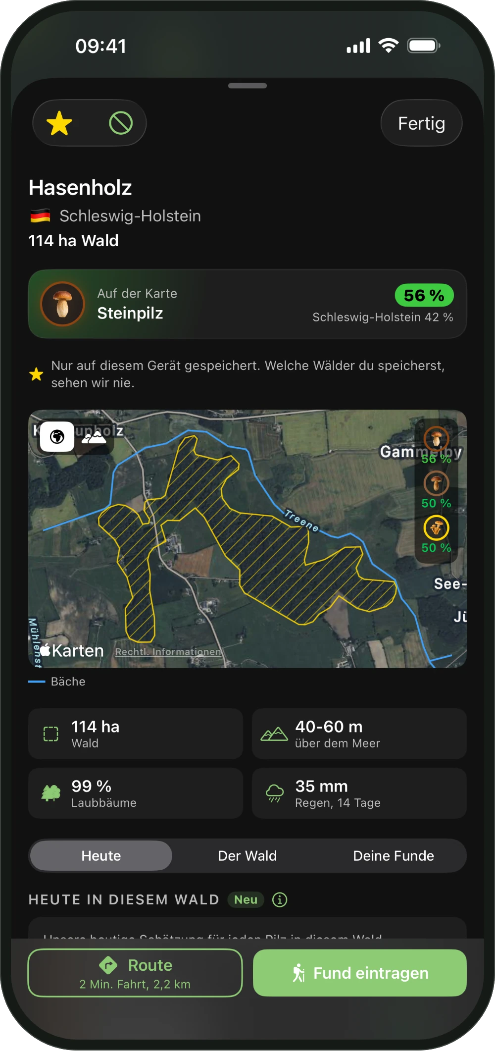 Steckbrief eines Waldes in ShroomCast mit der heutigen Chance und der Anfahrt