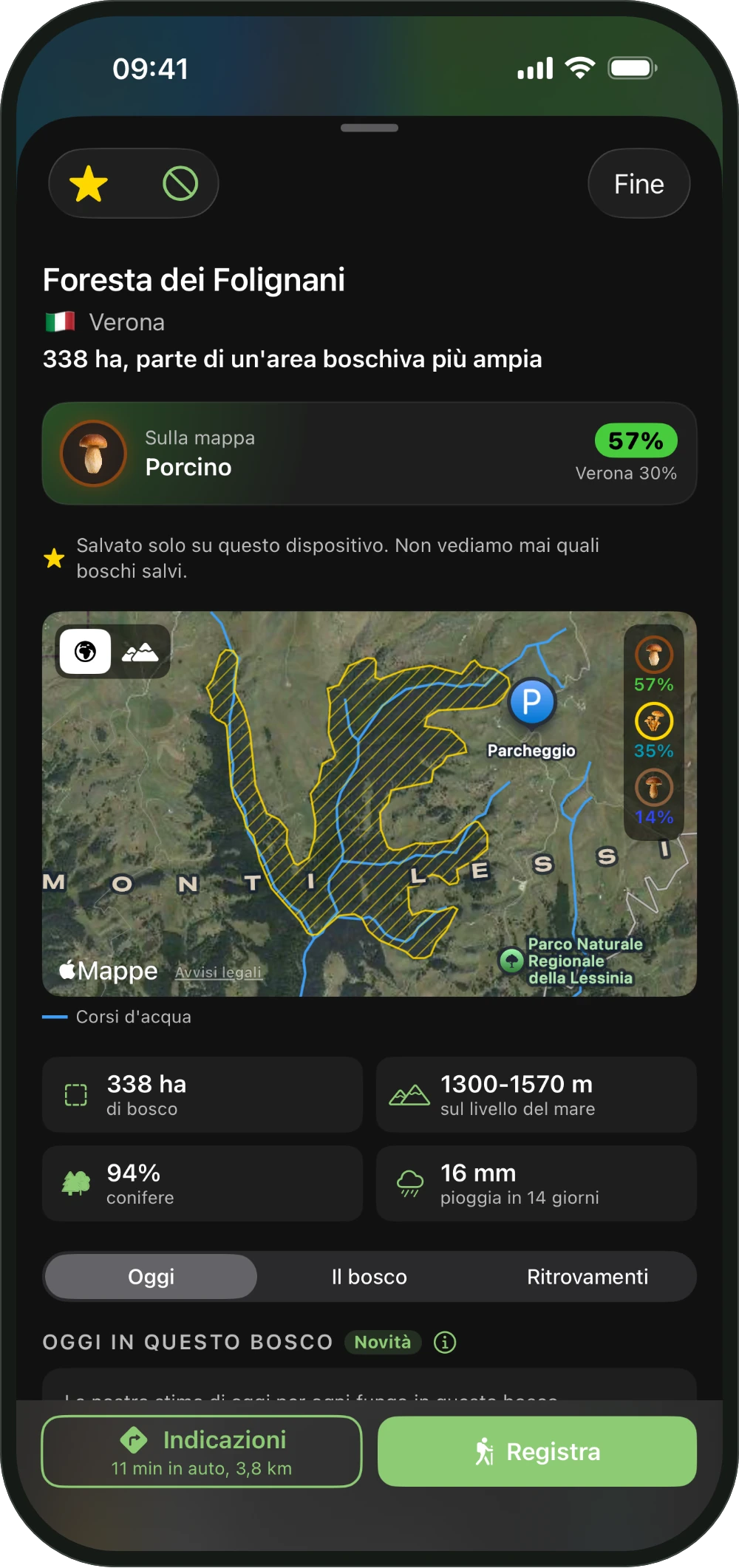 Scheda di un bosco in ShroomCast con la probabilità di oggi e il tragitto