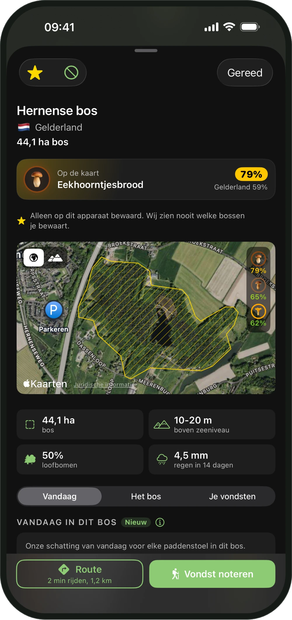 Bospagina in ShroomCast met de kans van vandaag en de route erheen